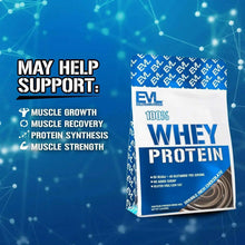 Protein powder drink mix pouch, double rich chocolate flavor, blue patterned branding