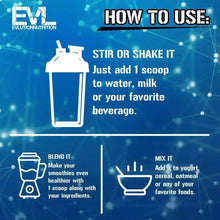 Protein powder drink mix pouch with how-to-use icons: stir or shake