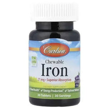 Chewable iron supplement bottle with front label, Carlson, natural grape flavor