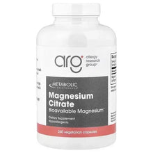 Magnesium citrate dietary supplement bottle, 240 vegetarian capsules, front label