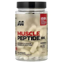 Muscle peptide supplement bottle with black cap and front label, 84 capsules