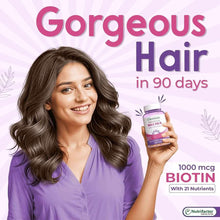 Nutrifactor hair, skin & nails supplement bottle held by a smiling woman