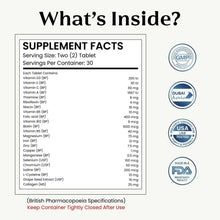 Supplement facts panel for hair, skin & nails tablets with certification icons