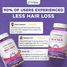 Nutrifactor hair, skin & nails supplement bottle with customer review cards and star ratings