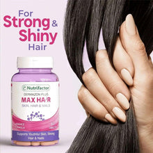 Hair care supplement bottle with long dark hair and hands smoothing strands