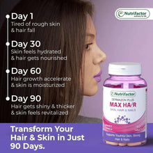 Nutrifactor hair, skin & nails supplement bottle with profile timeline, day 1 to 90
