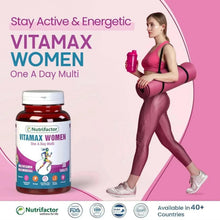 Vitamax Women multivitamin bottle, red cap, blue-and-purple front label.