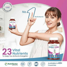 Vitamax Women multivitamin bottle with red cap and blue front label, No. 23.