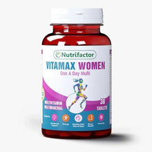 Vitamax Women multivitamin bottle with red cap, 30 tablets, blue label.