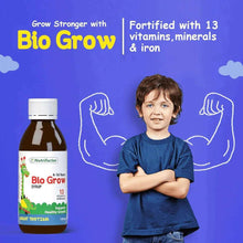 Bio Grow syrup bottle with white cap, label shows 13 vitamins, minerals & iron