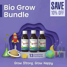 Bio Grow bundle with three syrup bottles, white caps, 13 essential nutrients
