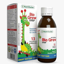 Bio Grow kids multivitamin syrup bottle, white cap, 4–16 years label