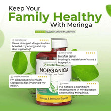 MORGANICA moringa leaf extract supplement bottle with customer review callouts, 60 capsules