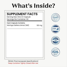 Supplement facts panel for MORGANICA moringa leaf extract capsules, 100 mg each