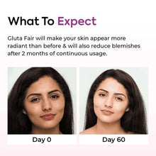 Gluta Fair results infographic with Day 0 and Day 60 face photos