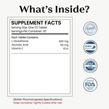 Gluta Fair supplement facts panel with ingredients table and certification badges
