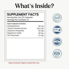 Supplement Facts label showing ingredients ginseng, tribulus extract, zinc, magnesium