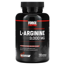 L-arginine supplement bottle with black cap and front label, 150 capsules