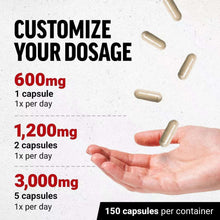 L-arginine capsules and dosage guide on package, 600mg to 3,000mg options