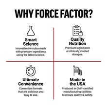 L-arginine supplement infographic titled "Why Force Factor" with nutrition and quality