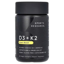 Vitamin D3 + K2 plant-based softgel bottle with black label and yellow Plant-Based badge