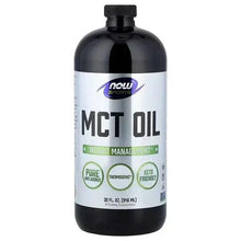MCT oil bottle, black cap and label with MCT OIL and wellness badges