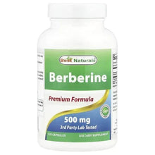 Berberine 500 mg dietary supplement bottle with green label and 120 capsules