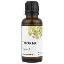 Vitamin D liquid supplement bottle with black cap and THORNE label, 1 fl oz