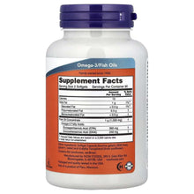 NOW Omega-3 fish oil supplement facts panel on bottle with blue cap