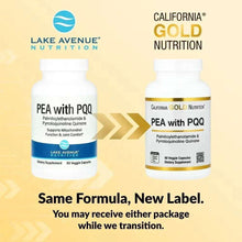 California Gold Nutrition PEA with PQQ supplement bottles, gold-banded labels