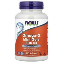 NOW Omega-3 mini gels fish oil bottle, orange label with blue cap