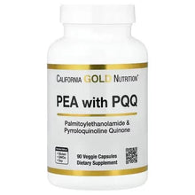 California Gold Nutrition PEA with PQQ supplement bottle, white cap, gold-banded label