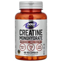 Creatine monohydrate supplement bottle with red cap and 120 veg capsule label