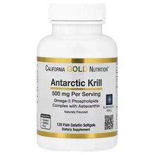 Krill oil supplement bottle with “Antarctic Krill” label and gold band
