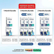 Male enhancement supplement bundle with three Duron Plus and Tryception boxes