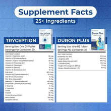 Supplement facts panels showing ingredients and serving size for tablets
