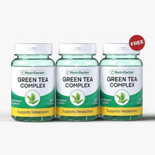 Nutrifactor Green Tea Complex supplement bottles, two-pack plus one FREE label
