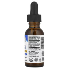 Amber glass dropper bottle with black cap, nutrition facts on back label