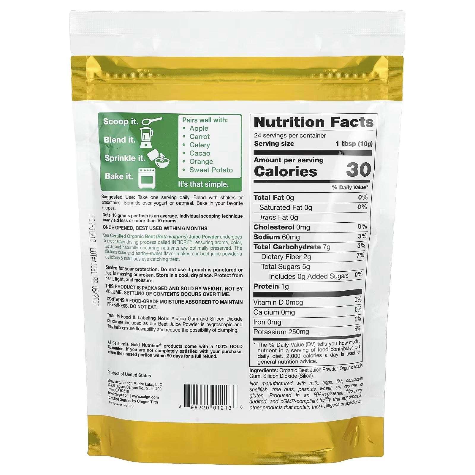 California Gold Nutrition, Superfoods, Organic Beetroot Juice Powder, 8.5 oz (240 g) - Mumzar