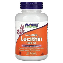 NOW Foods Non-GMO Lecithin supplement bottle with blue cap, 100 softgels label