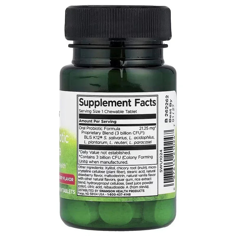 Swanson, Oral Probiotic Formula, Natural Strawberry, 3 Billion CFU, 30 Chewable Tablets - Mumzar