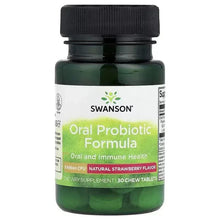 Oral probiotic supplement bottle with natural strawberry flavor label