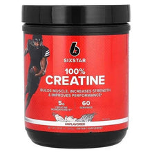 Creatine supplement jar with red label, unflavored 100% creatine, 60 servings
