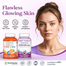 Skin supplement bottles: purple Gluta Fair and orange C500+Zinc on promotional card