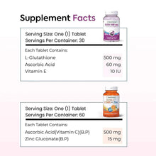 Supplement facts panel with serving size and vitamin amounts, plus Gluta Fair bottle mockup