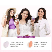 Supplement use directions with tablet icons and models holding supplement bottles