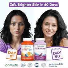 Skin supplement bottles: purple Gluta Fair and orange C500+Zinc with DAY 01 and DAY 60