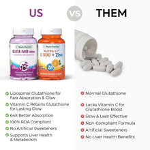 Supplement bottles with gray tablets and US vs THEM comparison list