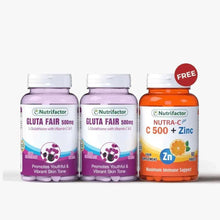 Skin supplement bottles: purple Gluta Fair and orange C500+Zinc, with FREE badge