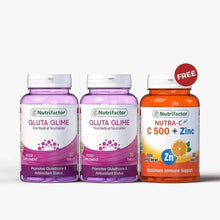 Nutrifactor Gluta Glime and Nutra-C supplement bottles set, with FREE badge